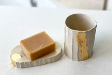Load image into Gallery viewer, Bathroom set - soap dish + toothbrush pot / cup - luxury bathroom with 22k gold luster