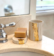 Load image into Gallery viewer, Bathroom set - soap dish + toothbrush pot / cup - luxury bathroom with 22k gold luster