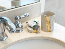 Load image into Gallery viewer, Bathroom set - soap dish + toothbrush pot / cup - luxury bathroom with 22k gold luster
