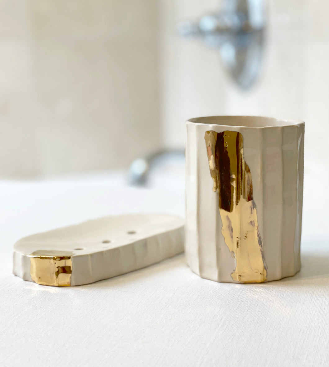 Bathroom set - soap dish + toothbrush pot / cup - luxury bathroom with 22k gold luster